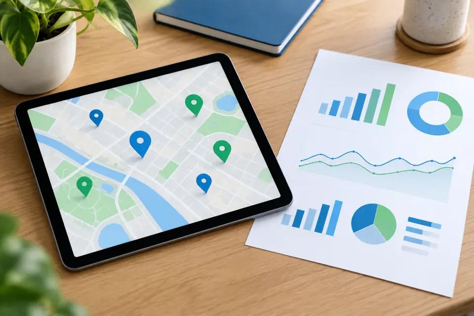 Illustrative local map listing beside a one-page report