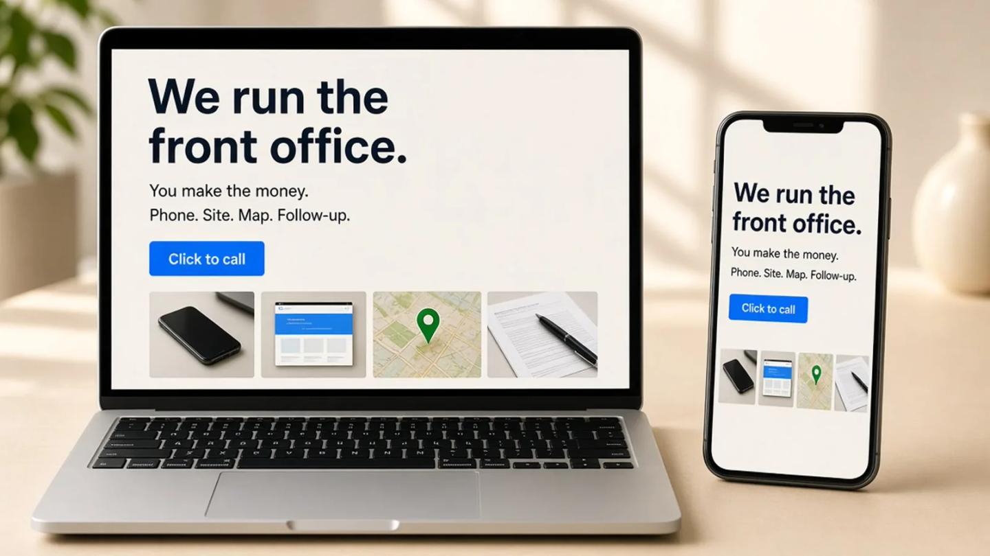Illustrative laptop and phone showing a website that reads: We run the front office. You make the money. Phone. Site. Map. Follow-up.